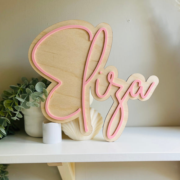 Double acrylic name sign with wood backing